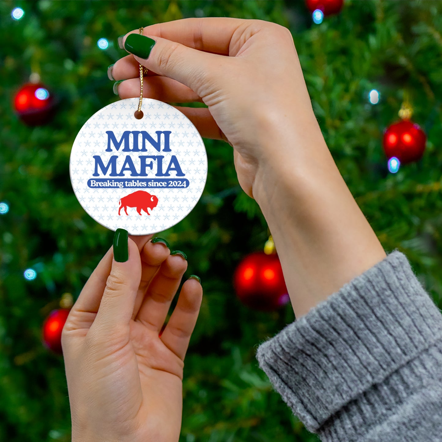 Mini Mafia - Breaking Tables Since 2024 Ceramic Ornament | Buffalo Bills Mafia 2024, Newborn Christmas Gift
